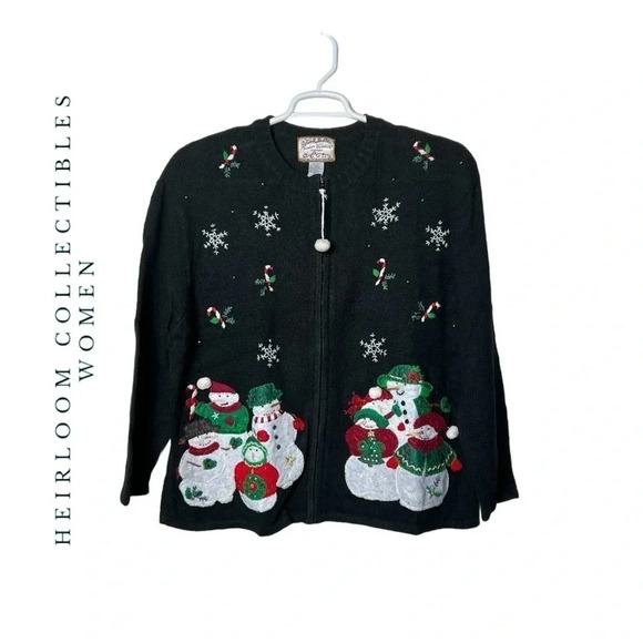 1686. VINTAGE HEIRLOOM‎ COLLECTIBLES WOMEN CHRISTMAS SNOWMEN FULL ZIP SWEATER - Picture 1 of 9